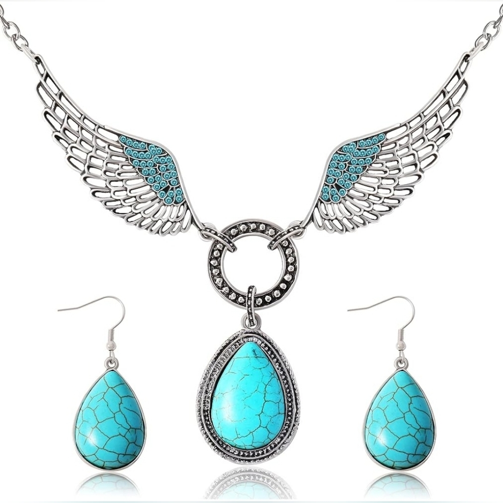 Silver plated turquoise crystal stone wings teardrop necklace earrings set